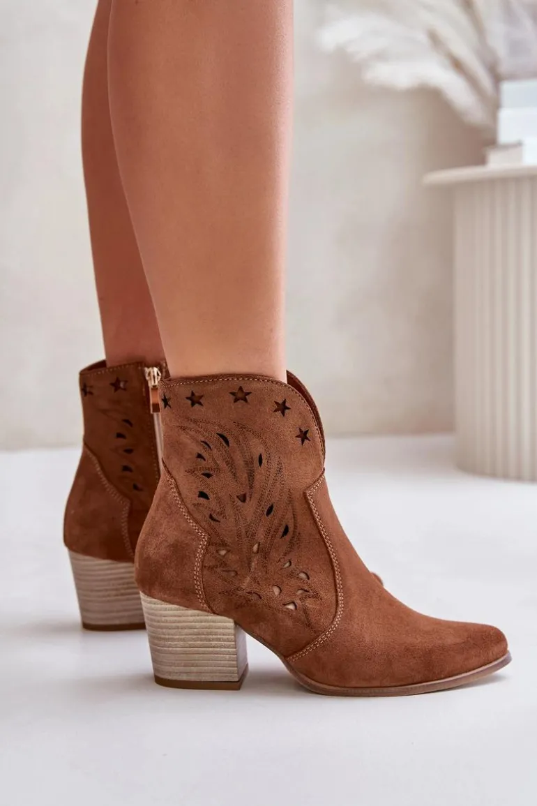 Ażurowe Botki Kowbojki Zamszowe Na Słupku Lewski 3613 Brązowe
