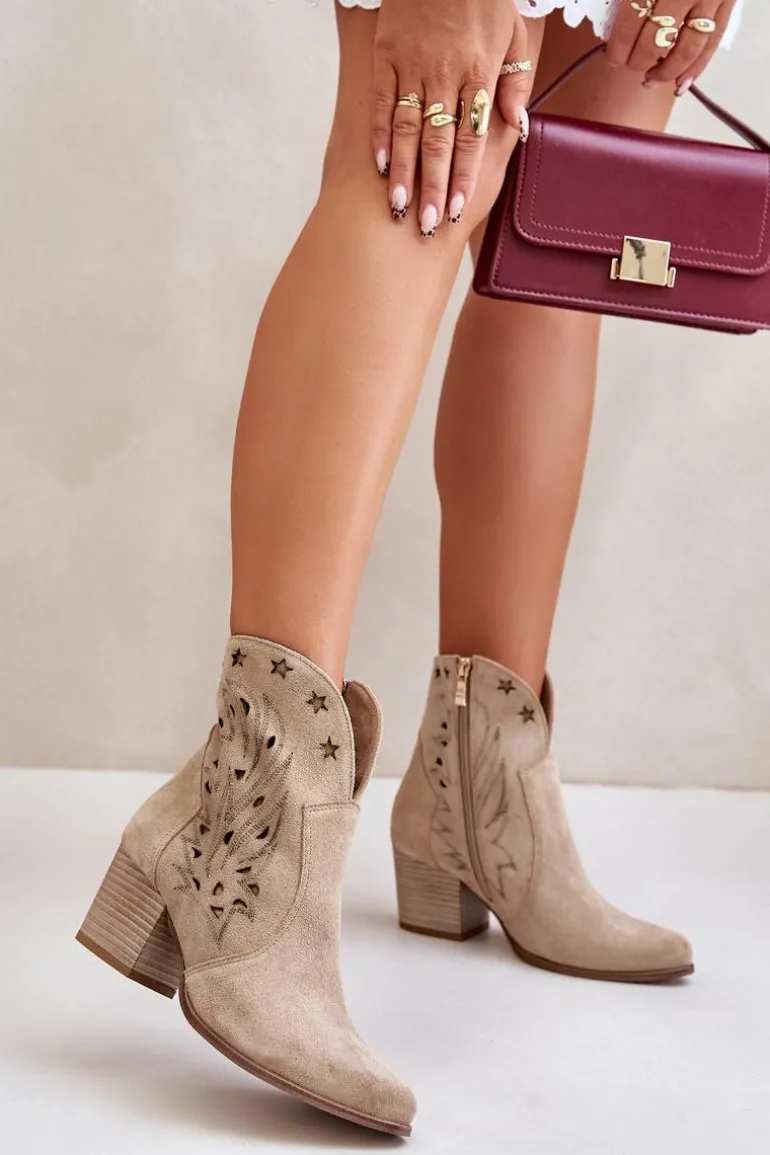 Ażurowe Botki Kowbojki Zamszowe Na Słupku Lewski 3613 Beżowe