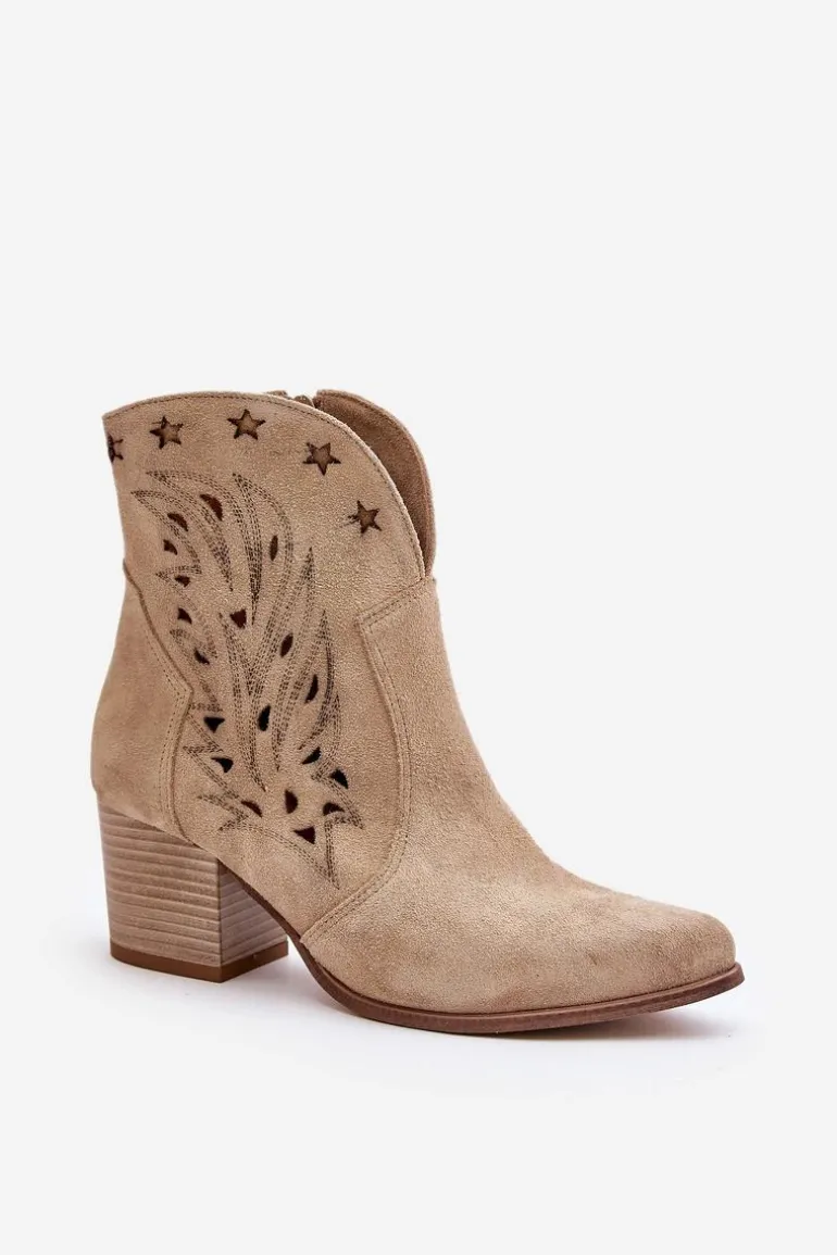 Ażurowe Botki Kowbojki Zamszowe Na Słupku Lewski 3613 Beżowe