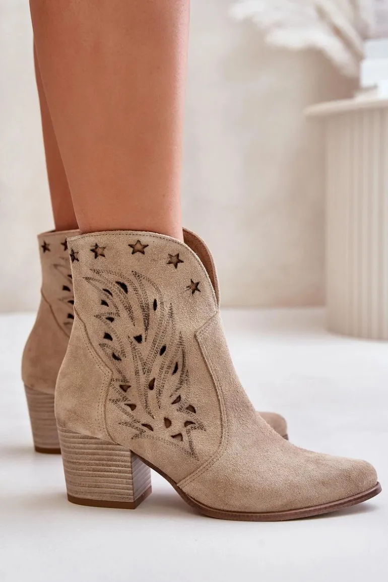 Ażurowe Botki Kowbojki Zamszowe Na Słupku Lewski 3613 Beżowe