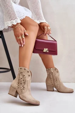 Ażurowe Botki Kowbojki Zamszowe Na Słupku Lewski 3613 Beżowe