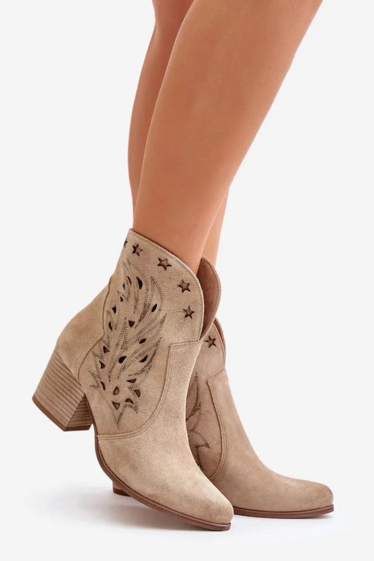 Ażurowe Botki Kowbojki Zamszowe Na Słupku Lewski 3613 Beżowe