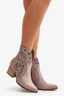 Ażurowe Botki Kowbojki Zamszowe Na Słupku Lewski 3613 Cappucino