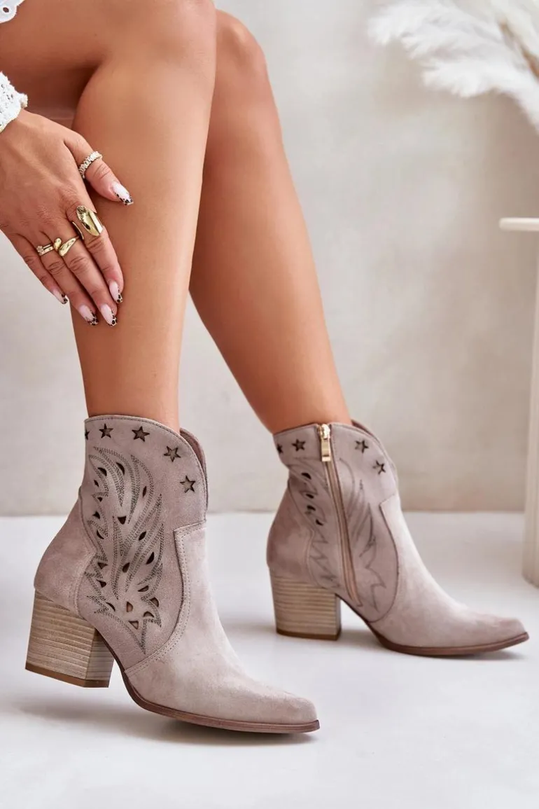 Ażurowe Botki Kowbojki Zamszowe Na Słupku Lewski 3613 Cappucino