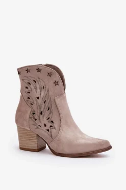 Ażurowe Botki Kowbojki Zamszowe Na Słupku Lewski 3613 Cappucino
