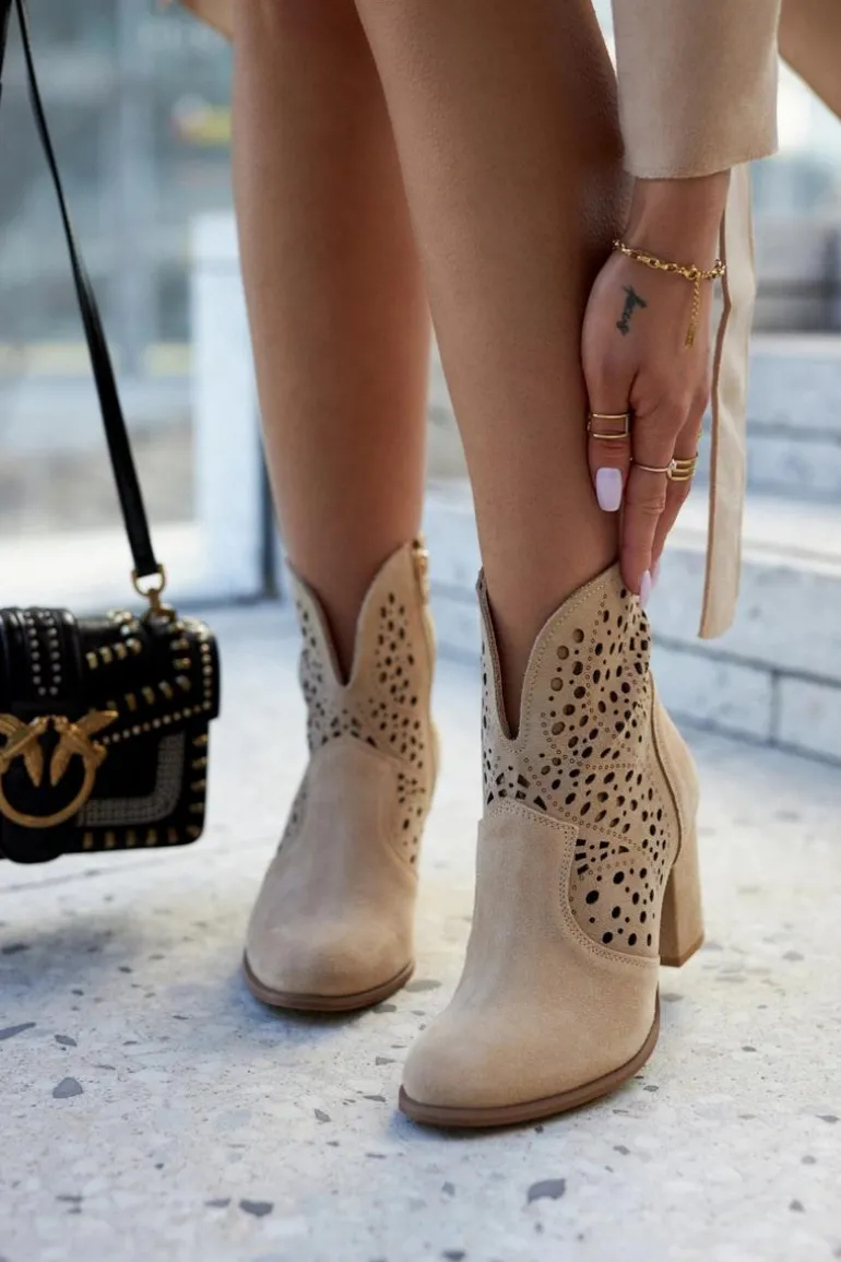 Ażurowe Botki Lewski Shoes 3166 Beżowe