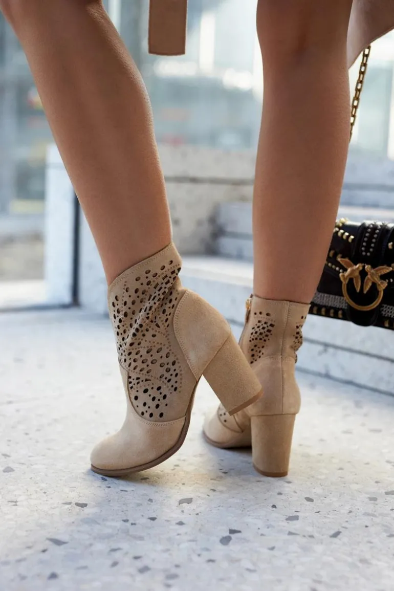 Ażurowe Botki Lewski Shoes 3166 Beżowe