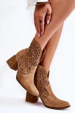 Ażurowe Botki Lewski Shoes 3166 Beżowe