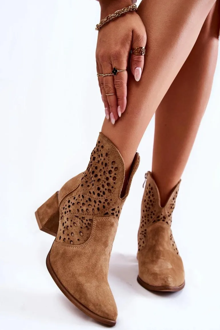 Ażurowe Botki Lewski Shoes 3166 Beżowe