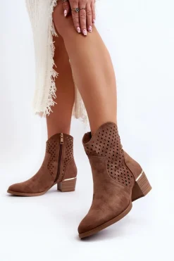 Ażurowe Botki Na Niskim Obcasie Brązowe Cilvana