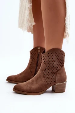 Ażurowe Botki Na Niskim Obcasie Brązowe Cilvana