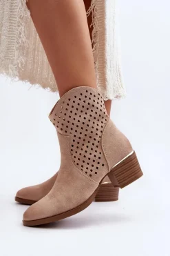 Ażurowe Botki Na Niskim Obcasie Beżowe Cilvana