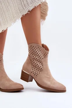 Ażurowe Botki Na Niskim Obcasie Beżowe Cilvana
