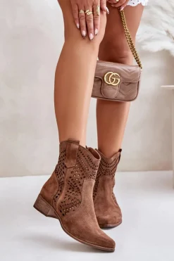 Ażurowe Botki Na Płaskim Obcasie Zamszowe Lewski 3305/2 Brązowe