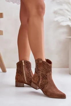 Ażurowe Botki Na Płaskim Obcasie Zamszowe Lewski 3305/2 Brązowe