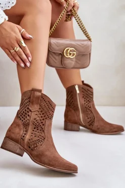 Ażurowe Botki Na Płaskim Obcasie Zamszowe Lewski 3305/2 Brązowe