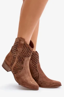 Ażurowe Botki Na Płaskim Obcasie Zamszowe Lewski 3305/2 Brązowe