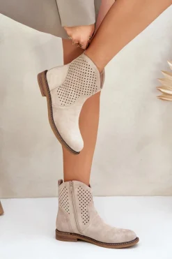 Ażurowe Botki Na Płaskim Obcasie Jasnobeżowe Zinollia