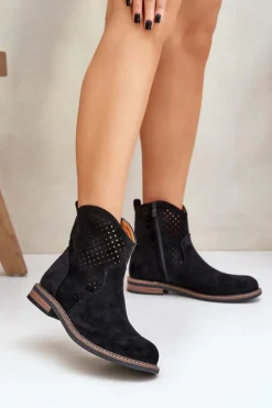 Ażurowe Botki Na Płaskim Obcasie Czarne Zinollia