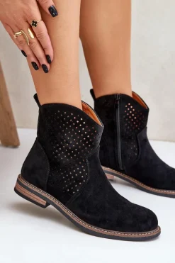 Ażurowe Botki Na Płaskim Obcasie Czarne Zinollia