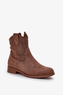Ażurowe Botki Na Płaskim Obcasie S.Barski HY51-063 Brązowe