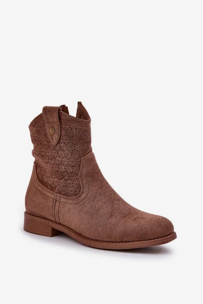 Ażurowe Botki Na Płaskim Obcasie S.Barski HY51-063 Brązowe