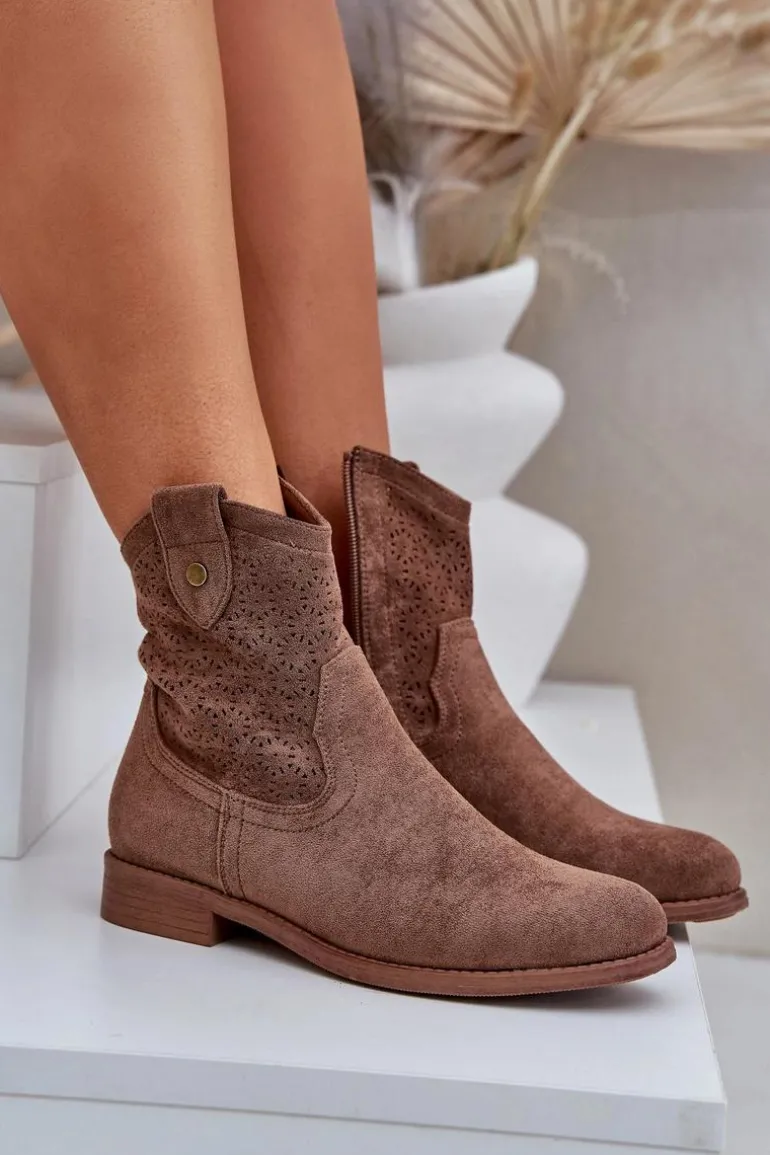Ażurowe Botki Na Płaskim Obcasie S.Barski HY51-063 Brązowe