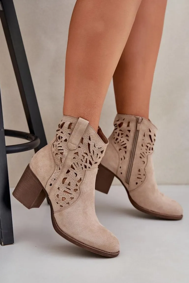 Ażurowe Botki Na Słupkowym Obcasie Beżowe Nurissa