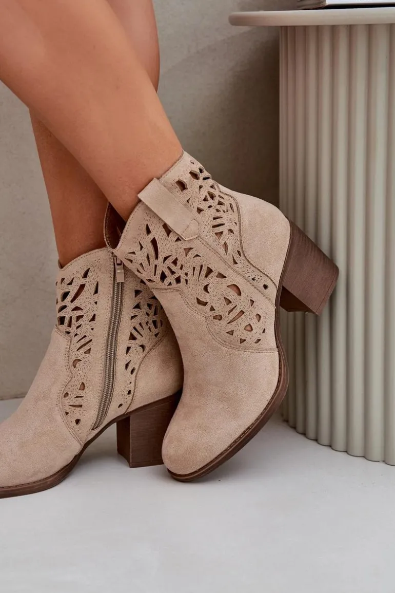 Ażurowe Botki Na Słupkowym Obcasie Beżowe Nurissa