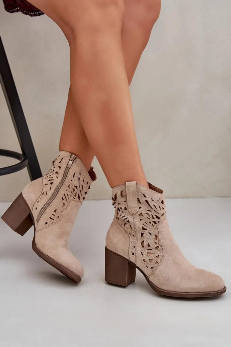 Ażurowe Botki Na Słupkowym Obcasie Beżowe Nurissa
