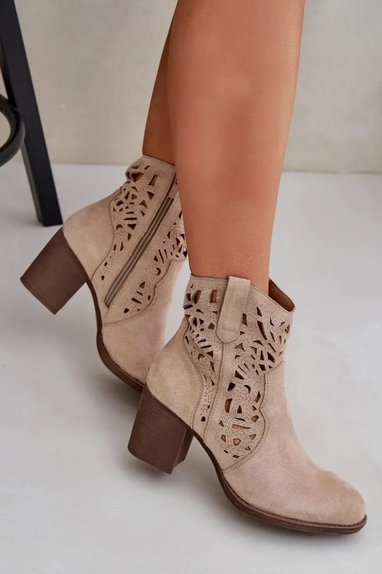 Ażurowe Botki Na Słupkowym Obcasie Beżowe Nurissa