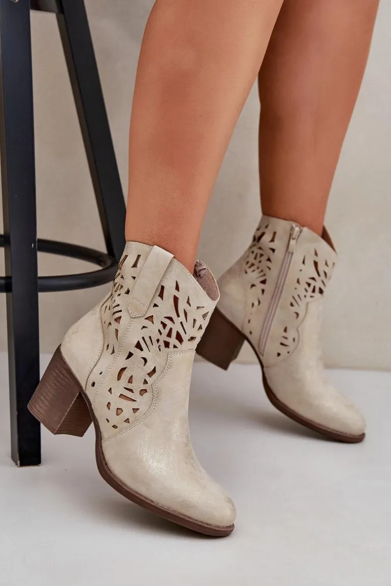 Ażurowe Botki Na Słupkowym Obcasie Złote Nurissa