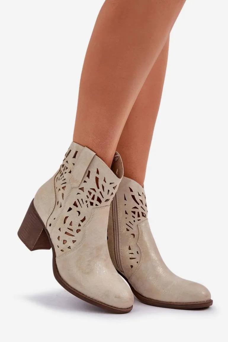 Ażurowe Botki Na Słupkowym Obcasie Złote Nurissa