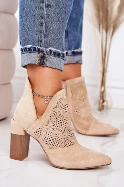 Ażurowe Botki Na Słupku Beżowe Michelle