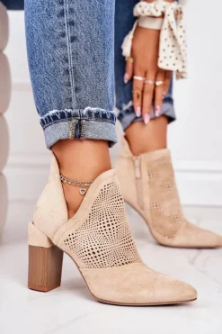 Ażurowe Botki Na Słupku Beżowe Michelle