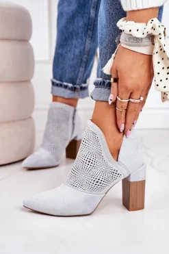 Ażurowe Botki Na Słupku Jasnoszare Michelle