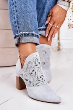 Ażurowe Botki Na Słupku Jasnoszare Michelle