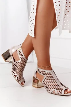 Ażurowe Botki Na Słupku Maciejka 04593-25 Złote Przecierane