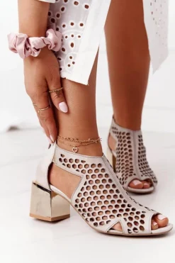 Ażurowe Botki Na Słupku Maciejka 04593-25 Złote Przecierane