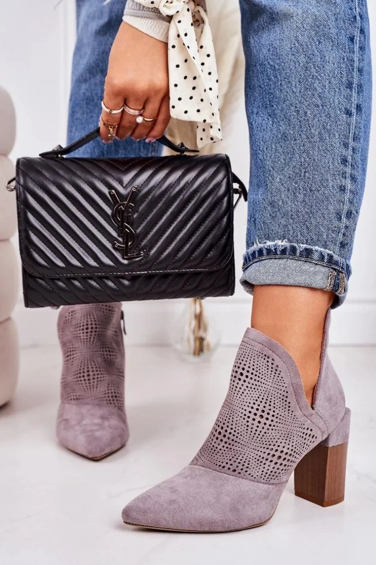 Ażurowe Botki Na Słupku Szare Michelle