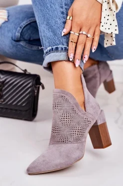 Ażurowe Botki Na Słupku Szare Michelle