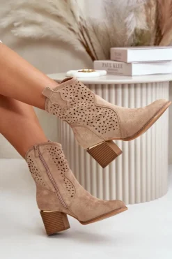 Ażurowe Botki Na Słupku Z Eko Zamszu Zapinane Na Zamek Ciemnobeżowe Sevana