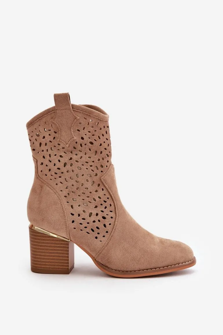 Ażurowe Botki Na Słupku Z Eko Zamszu Zapinane Na Zamek Ciemnobeżowe Sevana