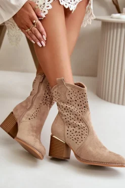 Ażurowe Botki Na Słupku Z Eko Zamszu Zapinane Na Zamek Ciemnobeżowe Sevana