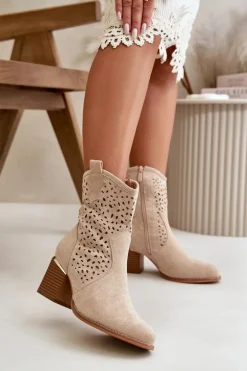 Ażurowe Botki Na Słupku Z Eko Zamszu Zapinane Na Zamek Beżowe Sevana