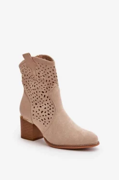 Ażurowe Botki Na Słupku Z Eko Zamszu Zapinane Na Zamek Beżowe Sevana