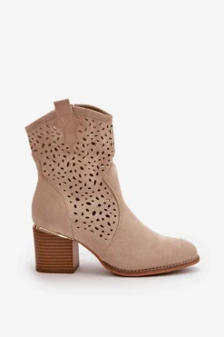 Ażurowe Botki Na Słupku Z Eko Zamszu Zapinane Na Zamek Beżowe Sevana