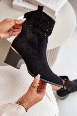Ażurowe Botki Na Słupku Z Eko Zamszu Zapinane Na Zamek Czarne Sevana