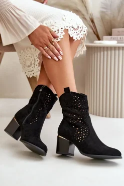 Ażurowe Botki Na Słupku Z Eko Zamszu Zapinane Na Zamek Czarne Sevana