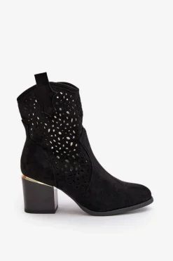 Ażurowe Botki Na Słupku Z Eko Zamszu Zapinane Na Zamek Czarne Sevana